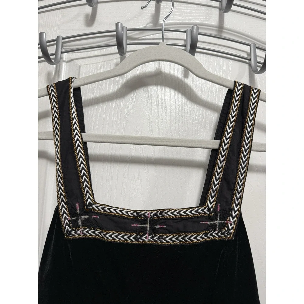 Free People Scandinavian Tunic Dress Black Velvet Boho Embroidered Trim Womens S